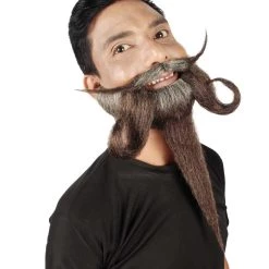 HPO Adult Men's Giant Grey & Brown TriCup Wizard Champion Mustache And Beard