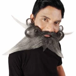 HPO Adult Men's Giant Black & Silver Twisted Pirate Champion Mustache And Beard