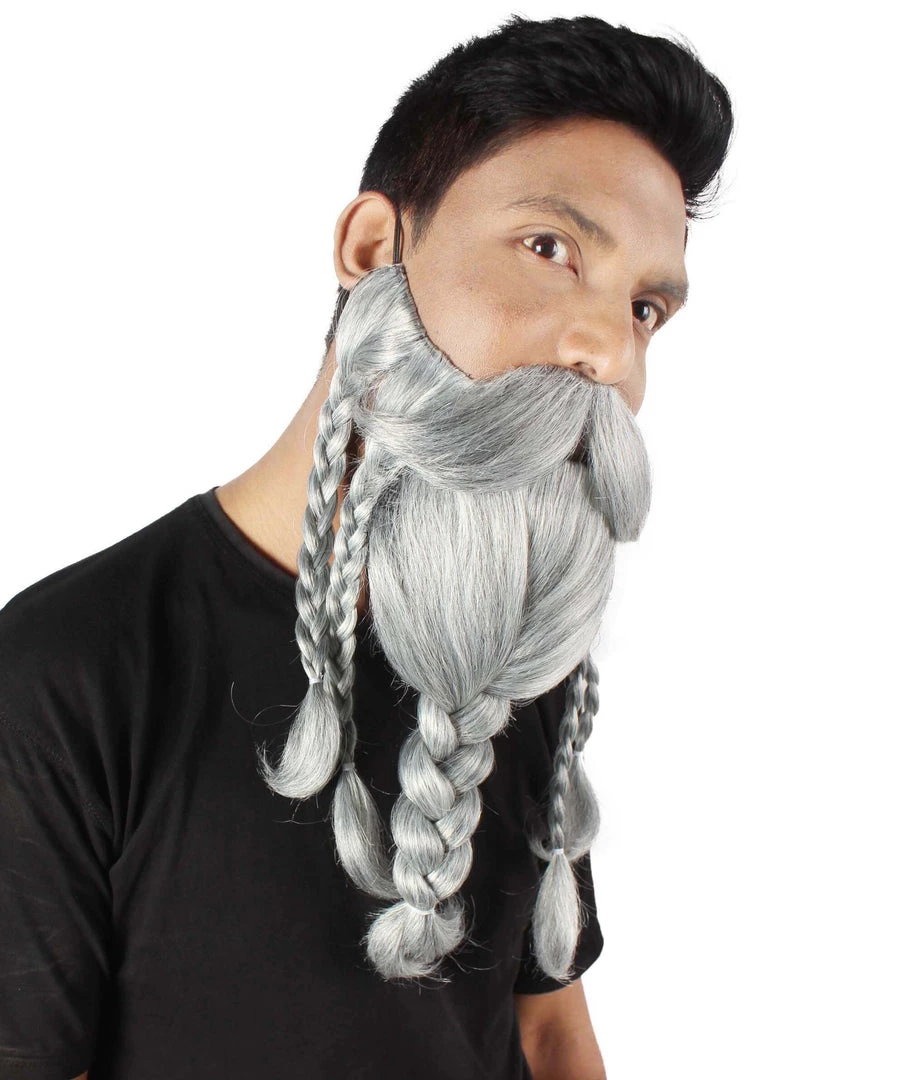 HPO Adult Men's Ash Grey Braided Vikings Beard And Giant Mustache 1 HPO Adult Men's Ash Grey Braided Vikings Beard And Giant Mustache