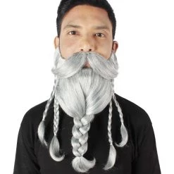 HPO Adult Men's Ash Grey Braided Vikings Beard And Giant Mustache