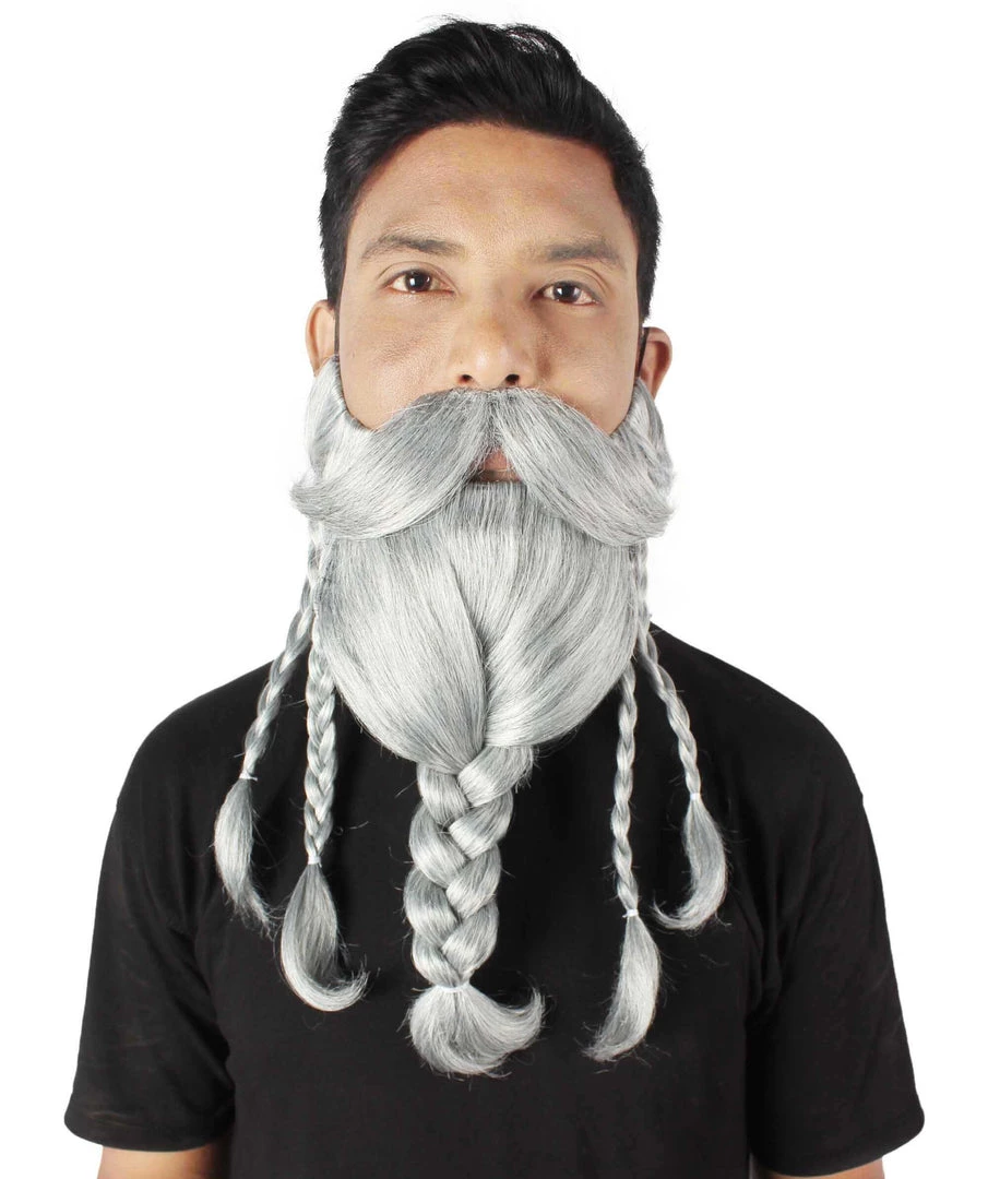 HPO Adult Men's Ash Grey Braided Vikings Beard And Giant Mustache 2 HPO Adult Men's Ash Grey Braided Vikings Beard And Giant Mustache