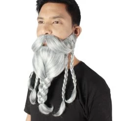 HPO Adult Men's Ash Grey Braided Vikings Beard And Giant Mustache 9 HPO Adult Men's Ash Grey Braided Vikings Beard And Giant Mustache