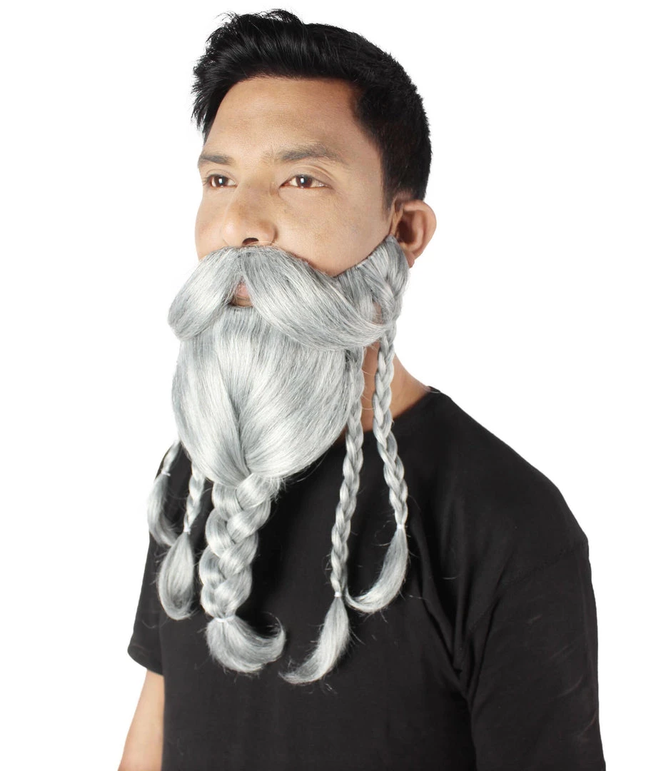 HPO Adult Men's Ash Grey Braided Vikings Beard And Giant Mustache 3 HPO Adult Men's Ash Grey Braided Vikings Beard And Giant Mustache