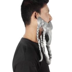 HPO Adult Men's Ash Grey Braided Vikings Beard And Giant Mustache 11 HPO Adult Men's Ash Grey Braided Vikings Beard And Giant Mustache