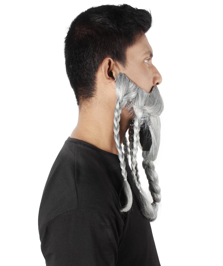 HPO Adult Men's Ash Grey Braided Vikings Beard And Giant Mustache 5 HPO Adult Men's Ash Grey Braided Vikings Beard And Giant Mustache
