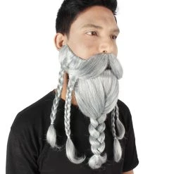 HPO Adult Men's Ash Grey Braided Vikings Beard And Giant Mustache 12 HPO Adult Men's Ash Grey Braided Vikings Beard And Giant Mustache