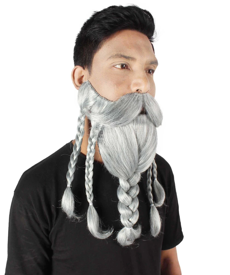 HPO Adult Men's Ash Grey Braided Vikings Beard And Giant Mustache 6 HPO Adult Men's Ash Grey Braided Vikings Beard And Giant Mustache