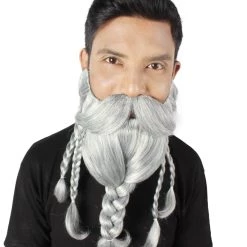 HPO Adult Men's Ash Grey Braided Vikings Beard And Giant Mustache 13 HPO Adult Men's Ash Grey Braided Vikings Beard And Giant Mustache