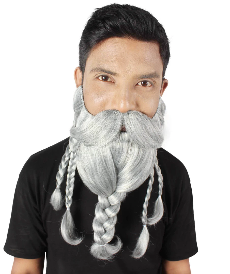 HPO Adult Men's Ash Grey Braided Vikings Beard And Giant Mustache 7 HPO Adult Men's Ash Grey Braided Vikings Beard And Giant Mustache