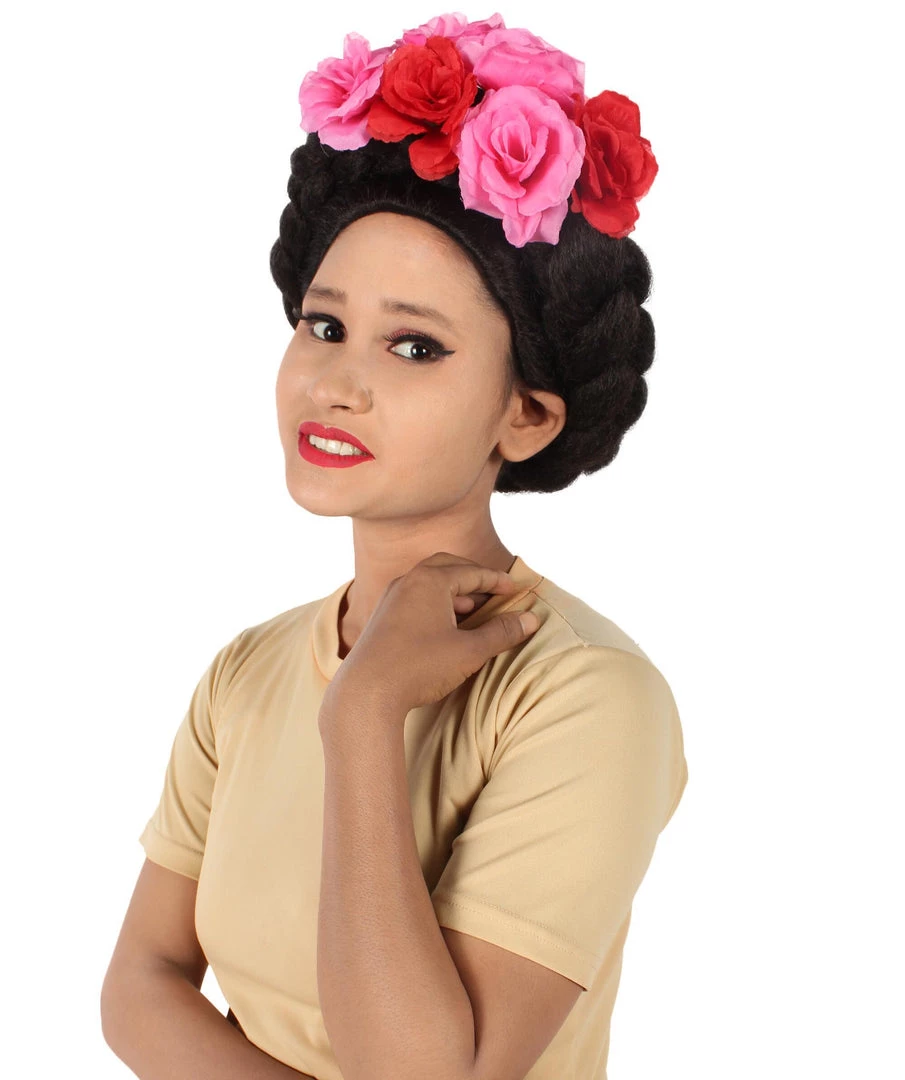 HPO Adult Women’s Mexican Artist Frida Black / Pink Floral Braided Wig 1 HPO Adult Women’s Mexican Artist Frida Black / Pink Floral Braided Wig