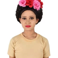 HPO Adult Women’s Mexican Artist Frida Black / Pink Floral Braided Wig