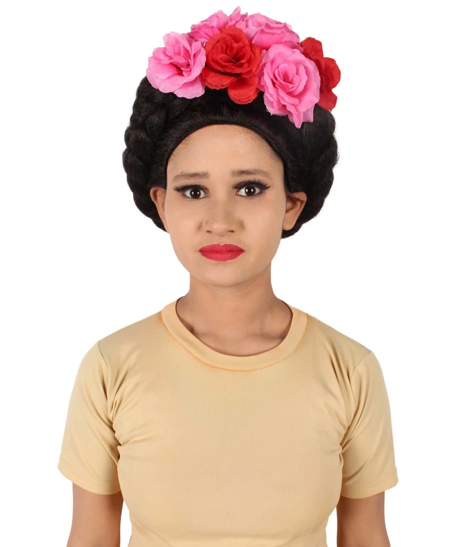 HPO Adult Women’s Mexican Artist Frida Black / Pink Floral Braided Wig 2 HPO Adult Women’s Mexican Artist Frida Black / Pink Floral Braided Wig