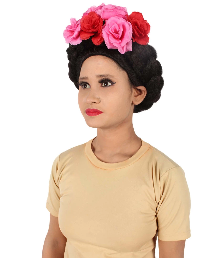 HPO Adult Women’s Mexican Artist Frida Black / Pink Floral Braided Wig 3 HPO Adult Women’s Mexican Artist Frida Black / Pink Floral Braided Wig