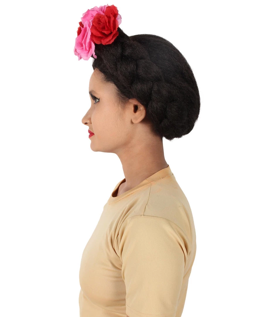 HPO Adult Women’s Mexican Artist Frida Black / Pink Floral Braided Wig 4 HPO Adult Women’s Mexican Artist Frida Black / Pink Floral Braided Wig