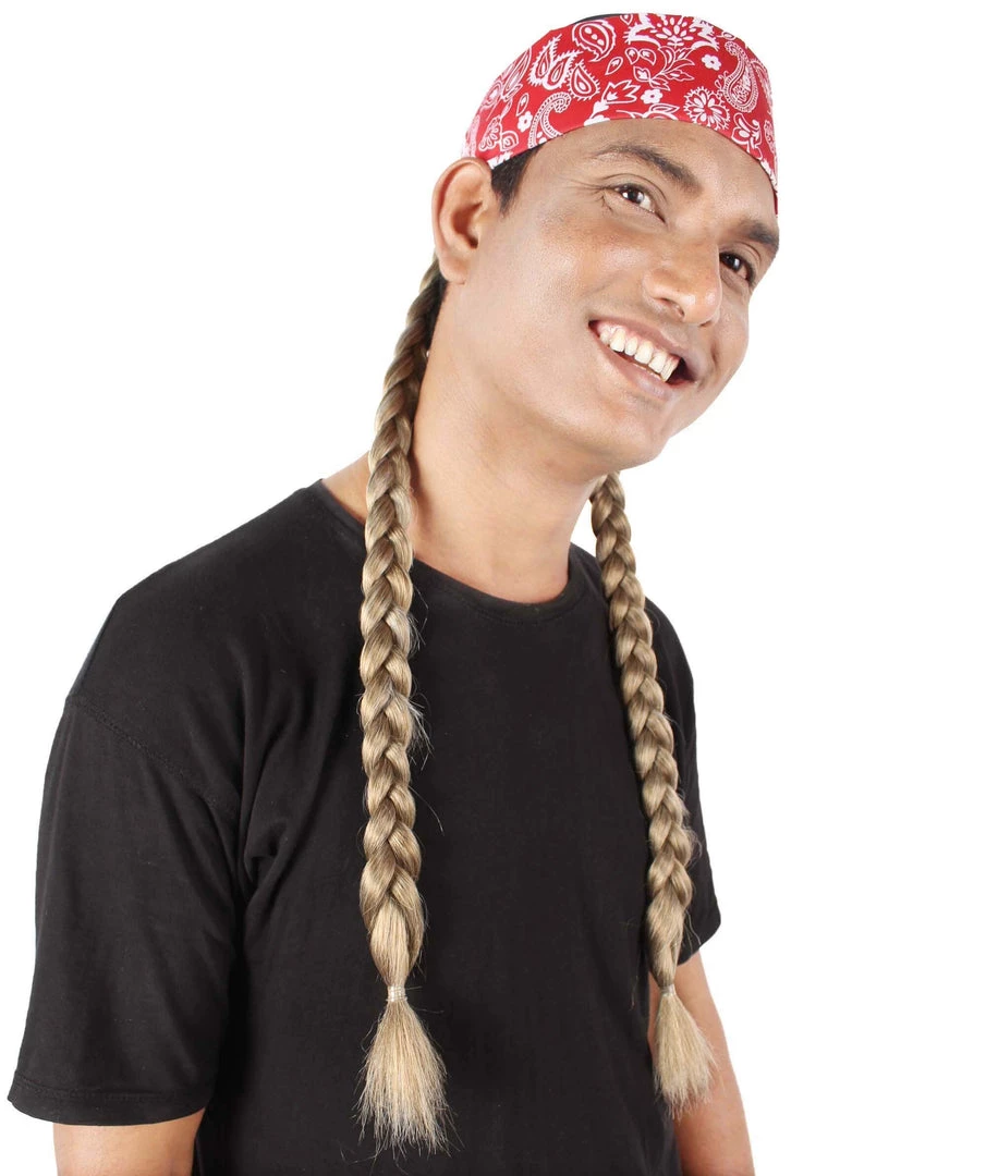 Men's HPO Adult Unisex Legendary Country Singer Long Braids Attached To Red Floral Bandana 1 Men's HPO Adult Unisex Legendary Country Singer Long Braids Attached To Red Floral Bandana