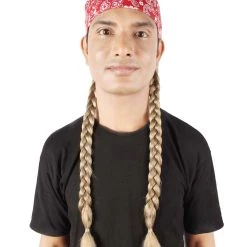 Men's HPO Adult Unisex Legendary Country Singer Long Braids Attached To Red Floral Bandana