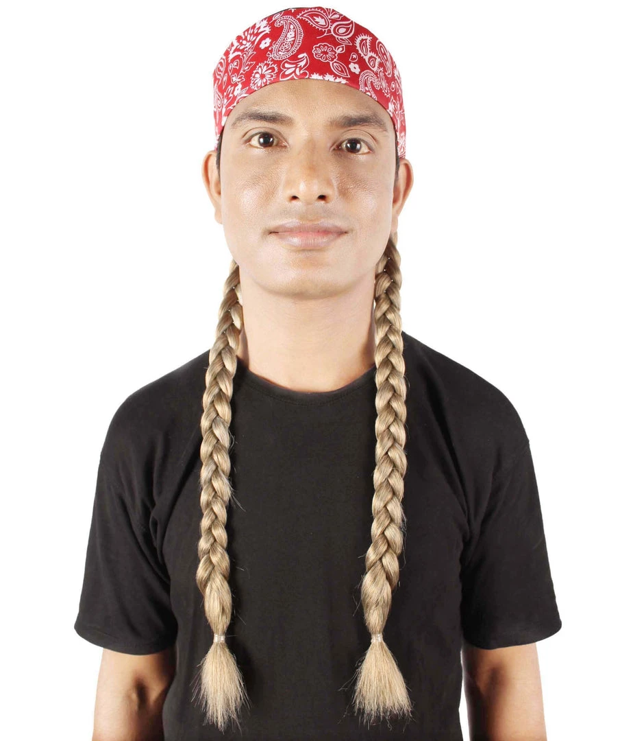Men's HPO Adult Unisex Legendary Country Singer Long Braids Attached To Red Floral Bandana 2 Men's HPO Adult Unisex Legendary Country Singer Long Braids Attached To Red Floral Bandana