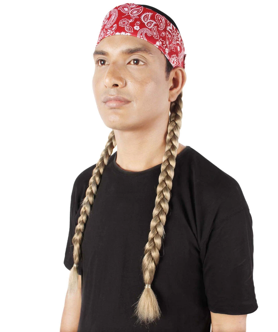 Men's HPO Adult Unisex Legendary Country Singer Long Braids Attached To Red Floral Bandana 3 Men's HPO Adult Unisex Legendary Country Singer Long Braids Attached To Red Floral Bandana