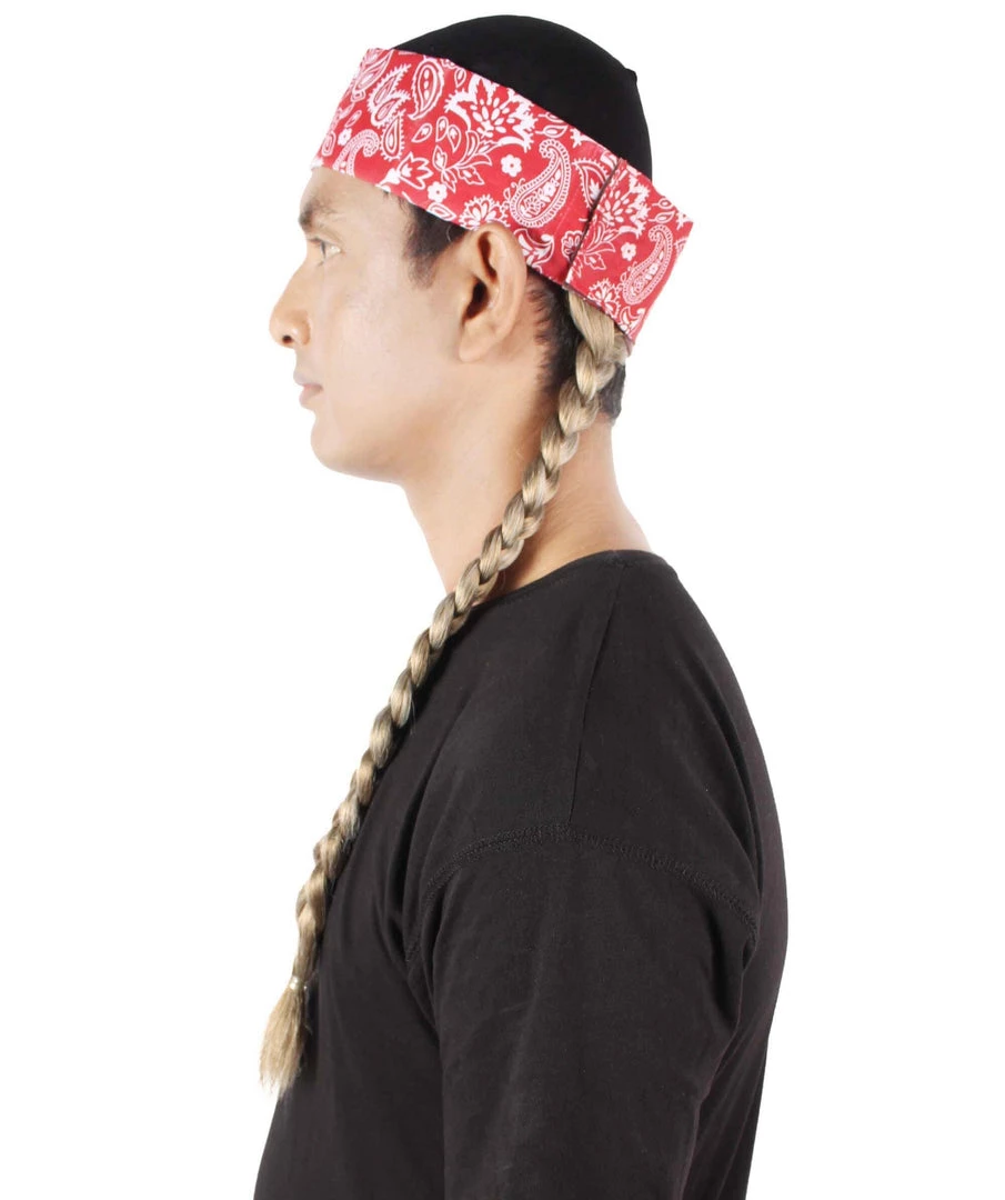 Men's HPO Adult Unisex Legendary Country Singer Long Braids Attached To Red Floral Bandana 4 Men's HPO Adult Unisex Legendary Country Singer Long Braids Attached To Red Floral Bandana