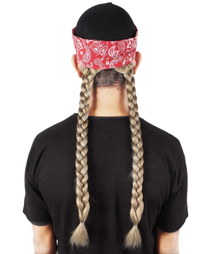 Men's HPO Adult Unisex Legendary Country Singer Long Braids Attached To Red Floral Bandana 5 Men's HPO Adult Unisex Legendary Country Singer Long Braids Attached To Red Floral Bandana