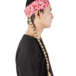 Men's HPO Adult Unisex Legendary Country Singer Long Braids Attached To Red Floral Bandana 12 Men's HPO Adult Unisex Legendary Country Singer Long Braids Attached To Red Floral Bandana