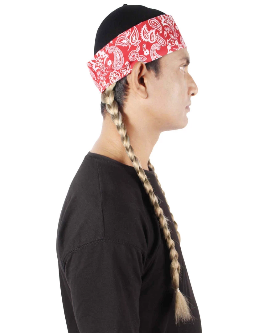 Men's HPO Adult Unisex Legendary Country Singer Long Braids Attached To Red Floral Bandana 6 Men's HPO Adult Unisex Legendary Country Singer Long Braids Attached To Red Floral Bandana