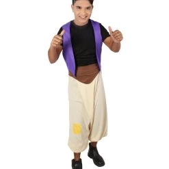 HPO Adult Men’s Arabian Night Street Rat Costume, Sleeveless Purple Vest, Cream Pants And Red Fez | Multiple Size Options