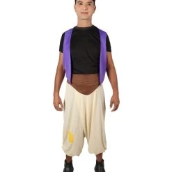 HPO Adult Men’s Arabian Night Street Rat Costume, Sleeveless Purple Vest, Cream Pants And Red Fez | Multiple Size Options
