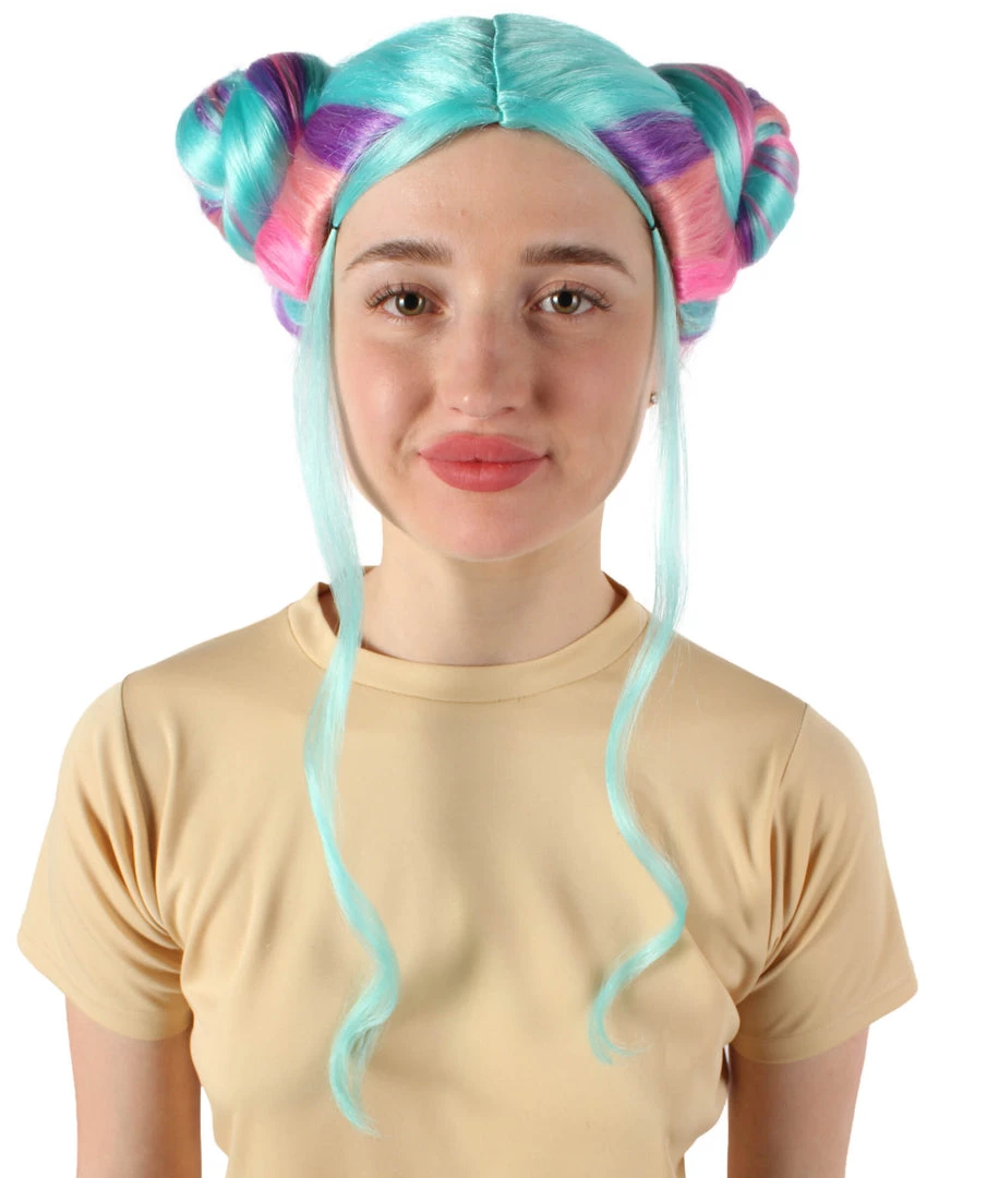 HPO Adult Women’s American Rapper Queen Multi Color Double Bun Wig Men's 2 HPO Adult Women’s American Rapper Queen Multi Color Double Bun Wig Men's