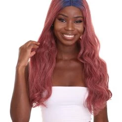 HPO Adult Women's 23" In. Hair Stylist Inspired Wig - Long Length Red Hair With Dark Blue Roots - Lace Front Heat Resistant Fibers | Nunique
