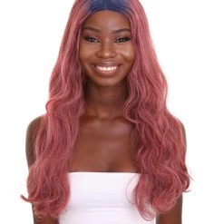 HPO Adult Women's 23" In. Hair Stylist Inspired Wig - Long Length Red Hair With Dark Blue Roots - Lace Front Heat Resistant Fibers | Nunique