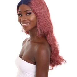 HPO Adult Women's 23" In. Hair Stylist Inspired Wig - Long Length Red Hair With Dark Blue Roots - Lace Front Heat Resistant Fibers | Nunique 10 HPO Adult Women's 23