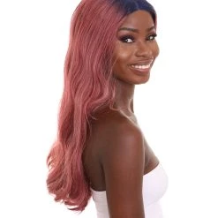HPO Adult Women's 23" In. Hair Stylist Inspired Wig - Long Length Red Hair With Dark Blue Roots - Lace Front Heat Resistant Fibers | Nunique 12 HPO Adult Women's 23