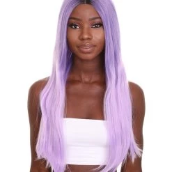Nunique Adult Women's 23" In. Social Media Influencer Inspired Wig - Long Length Lilac Purple Hair With Dark Roots - Lace Front Heat Resistant Fibers | Nunique